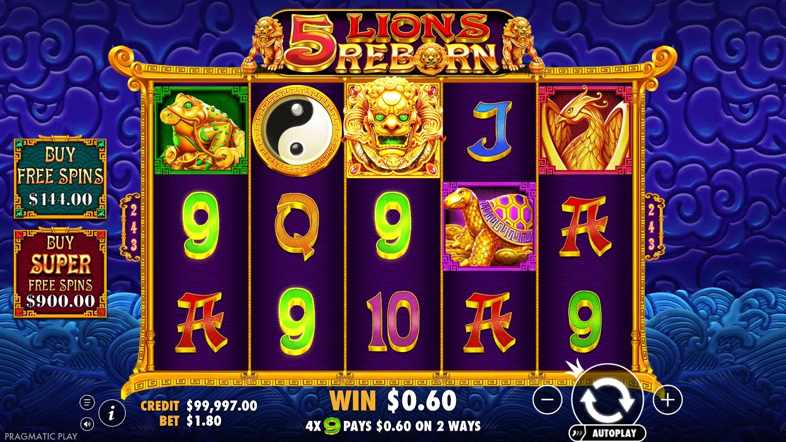5 Lions Reborn reels after a win with the golden lion wild on reel three