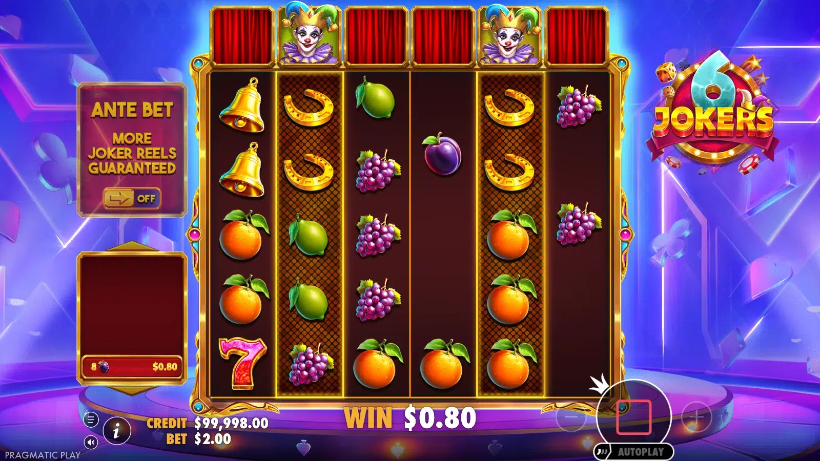 6 Jokers grid with joker markers above reels 2 and 5 and a $0.80 win