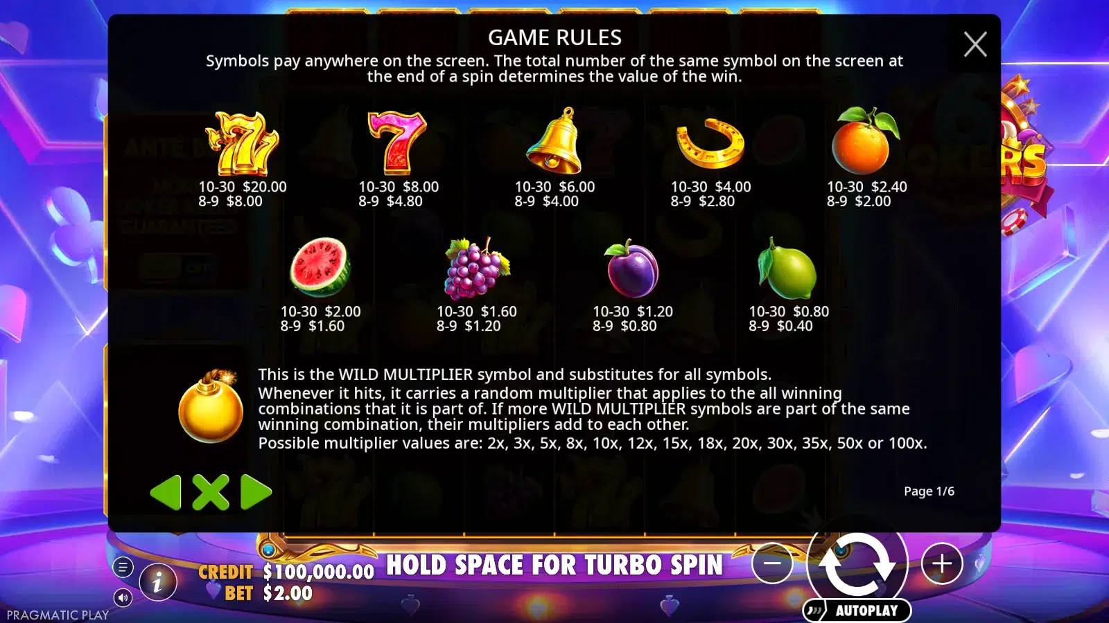 6 Jokers rules screen showing the nine-symbol paytable and the wild multiplier values