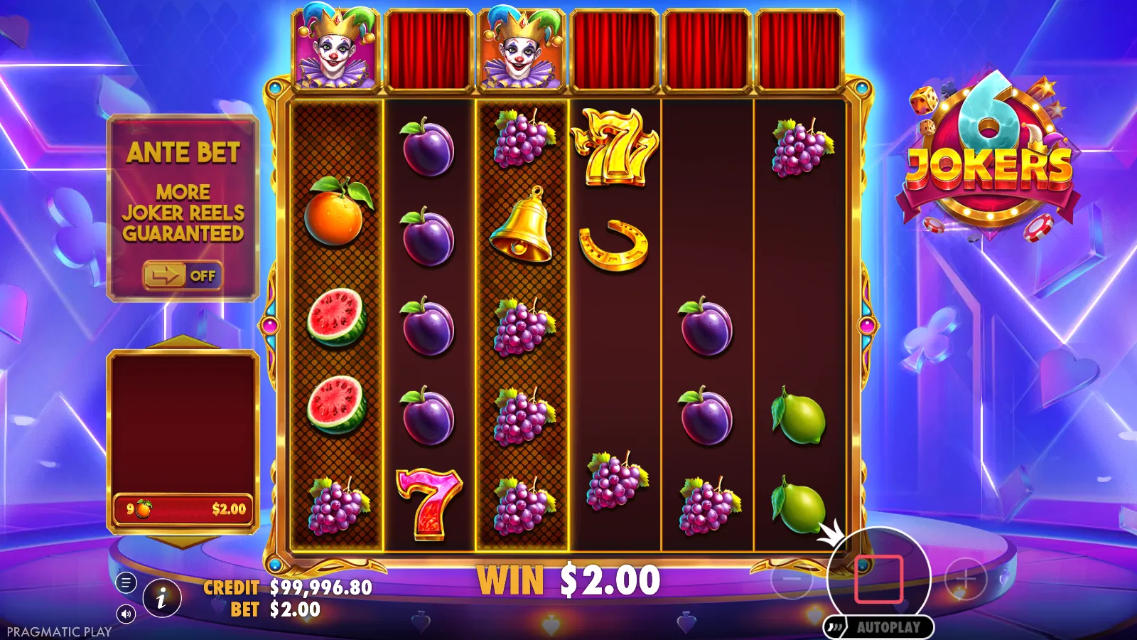 6 Jokers reels after a nine-orange win, with joker markers above reels 1 and 3
