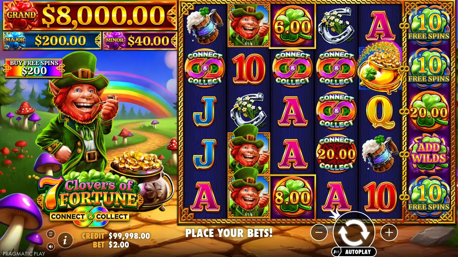 7 Clovers of Fortune reels showing five Connect and Collect symbols and 6.00 and 8.00 clover discs beside reel 3