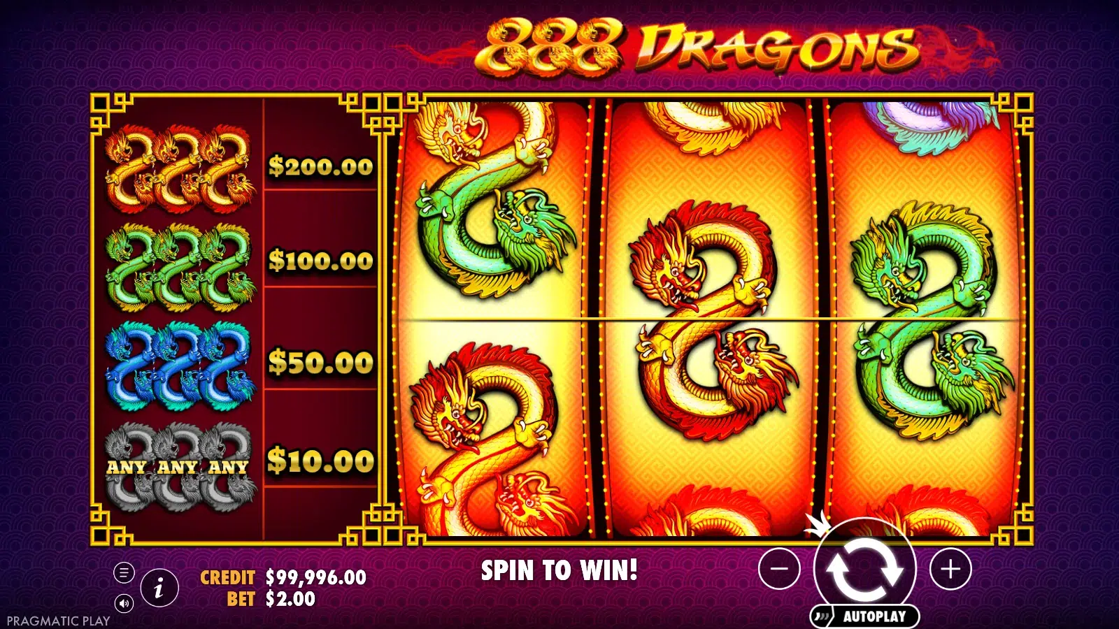 888 Dragons reels with a red dragon on the centre line and green dragons above and below it