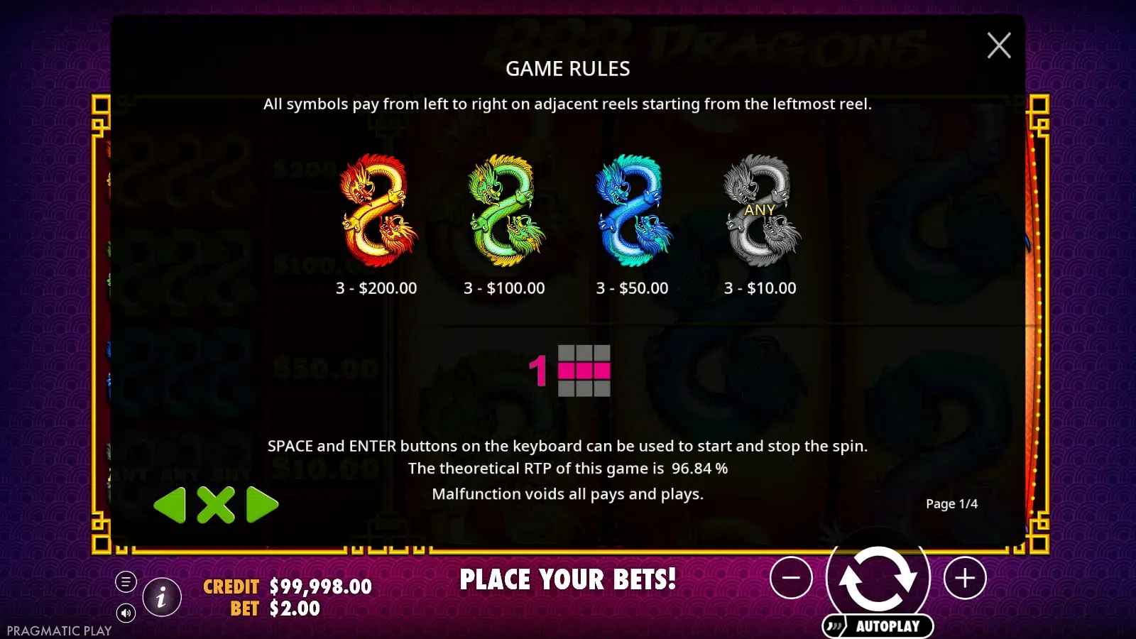 888 Dragons game rules screen showing the four paytable entries, the single payline diagram and the 96.84% RTP line