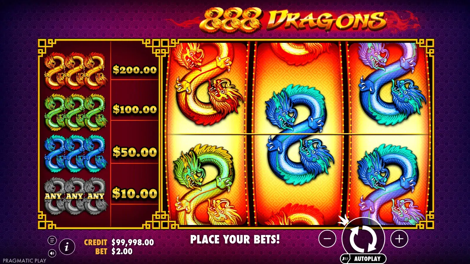 888 Dragons 3x3 reels after a spin with the single centre payline running between dragon symbols