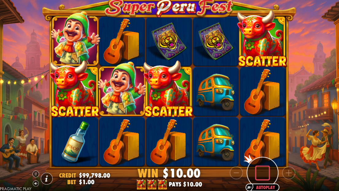 Super Peru Fest base game showing three Torito bull scatters.