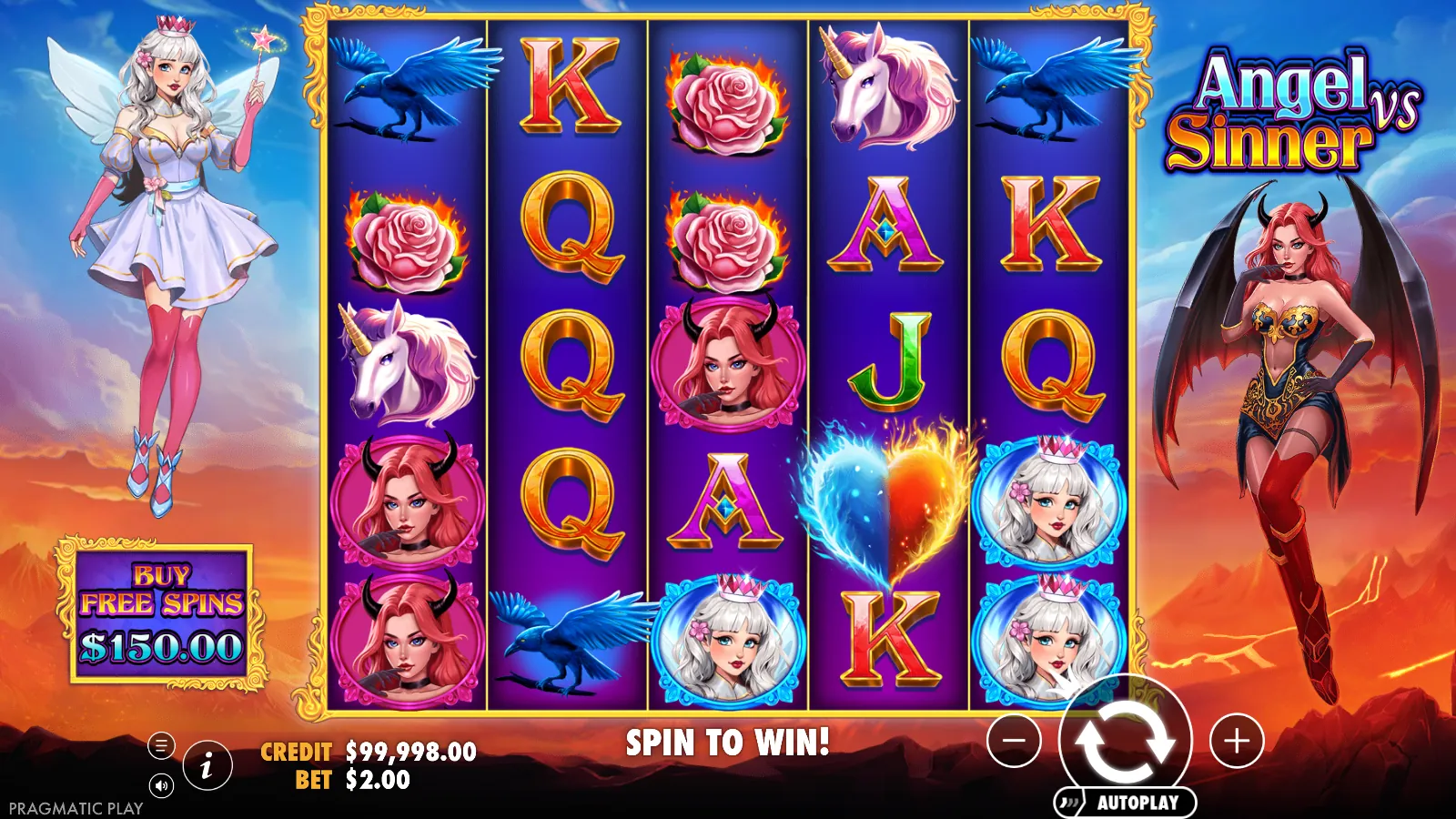 Angel vs Sinner 5x5 grid with an unexpanded flaming-heart wild on reel 4 and the buy plaque showing $150.00