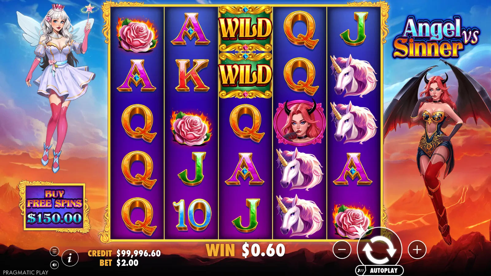 Angel vs Sinner reels with two stacked gold wild symbols on reel 3 and a $0.60 win