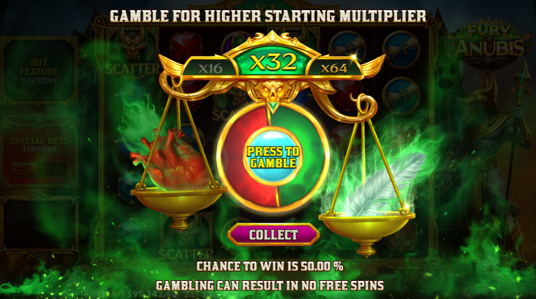Scales balancing the current x32 multiplier between x16 below and x64 above, a Collect option offered instead of the gamble.