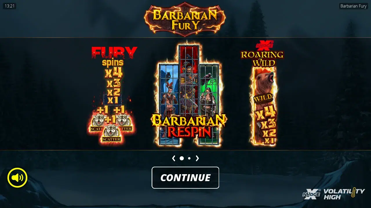 Barbarian Fury splash screen with the Fury Spins, Barbarian Respin and Roaring Wild panels