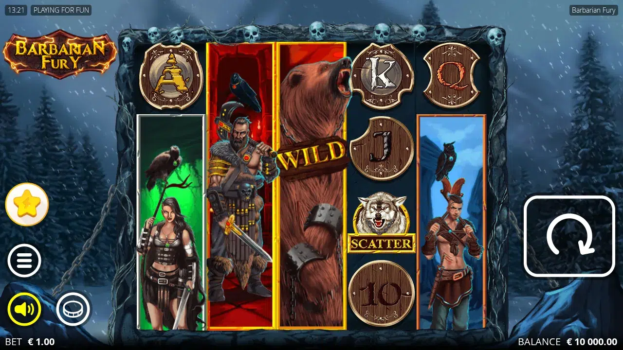 Barbarian Fury reels with a full-height bear Wild on reel 3, the red, green and blue barbarians and a wolf Scatter