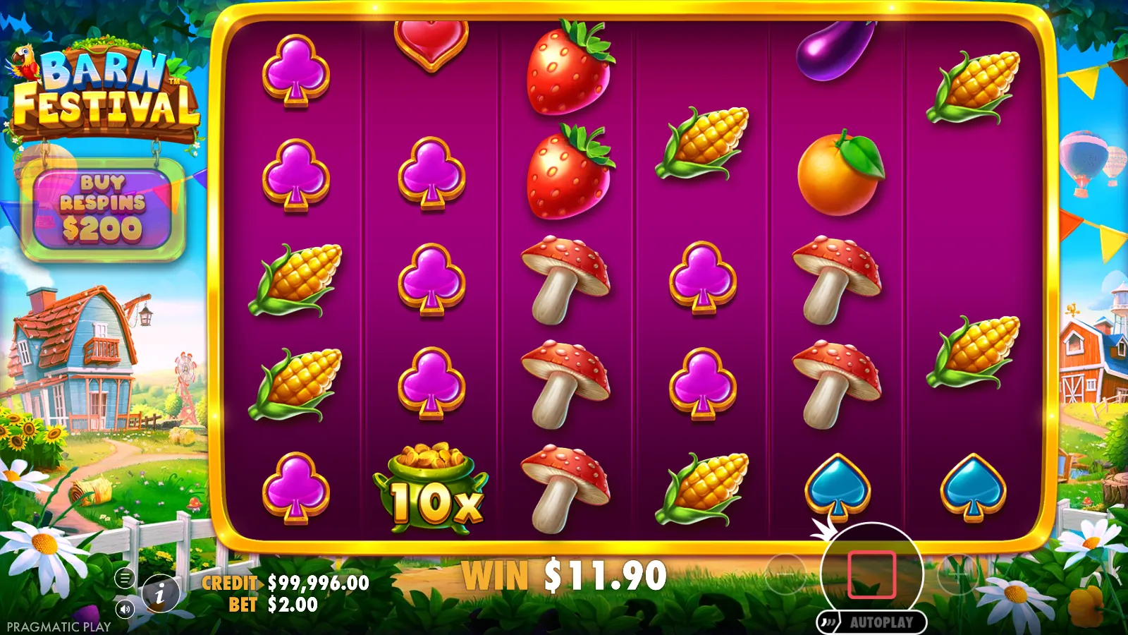 Barn Festival screen mid-tumble with a 10x pot of gold and a corn and mushroom cluster