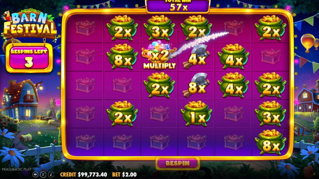 Money respin board late in a round, an x2 Multiply working across a spread of pot values and a running total of 57x on a fully opened grid.
