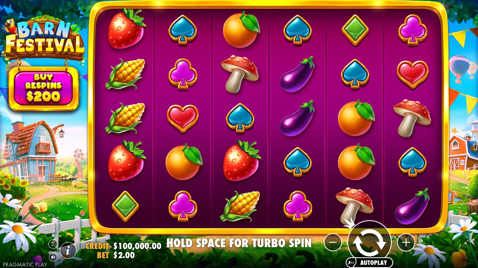 Barn Festival reels idle in standard play with the Buy Respins plaque beside them