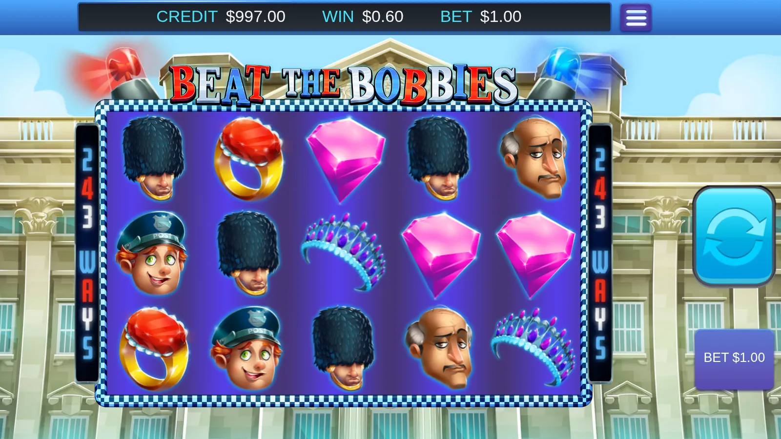 Beat the Bobbies reels after a spin with pink gems, tiaras and busby guards across adjacent reels