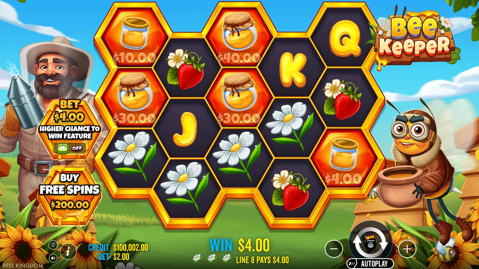Bee Keeper spin with five honey jars on the honeycomb and a $4 line win