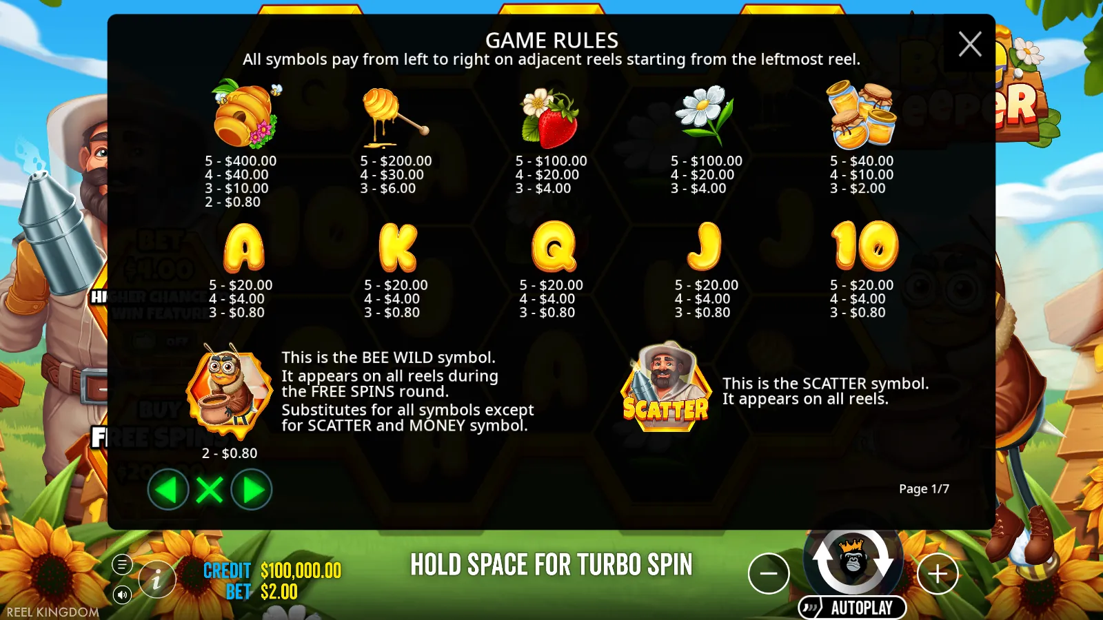 Bee Keeper paytable screen with symbol values, the Bee Wild and the scatter