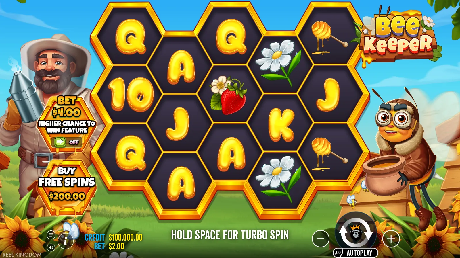 Bee Keeper honeycomb reels with the ante toggle and Buy Free Spins plaque
