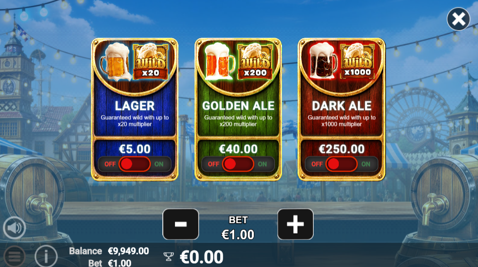 Xpress buy menu with Lager at €5.00, Golden Ale at €40.00 and Dark Ale at €250.00, each switch set to OFF