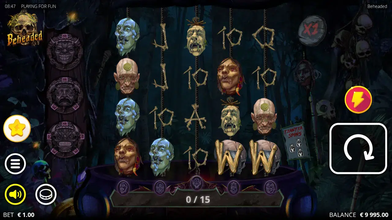 Beheaded reels with two W Wilds on reels 4 and 5, the Progression bar at 0/15 and the x1 multiplier