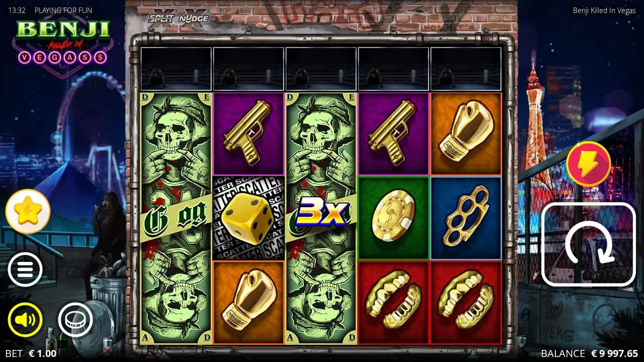 Benji Killed in Vegas board with skull-banknote G og on reels 1 and 3 and a dice Scatter on reel 2 under five dark Enhancer cells