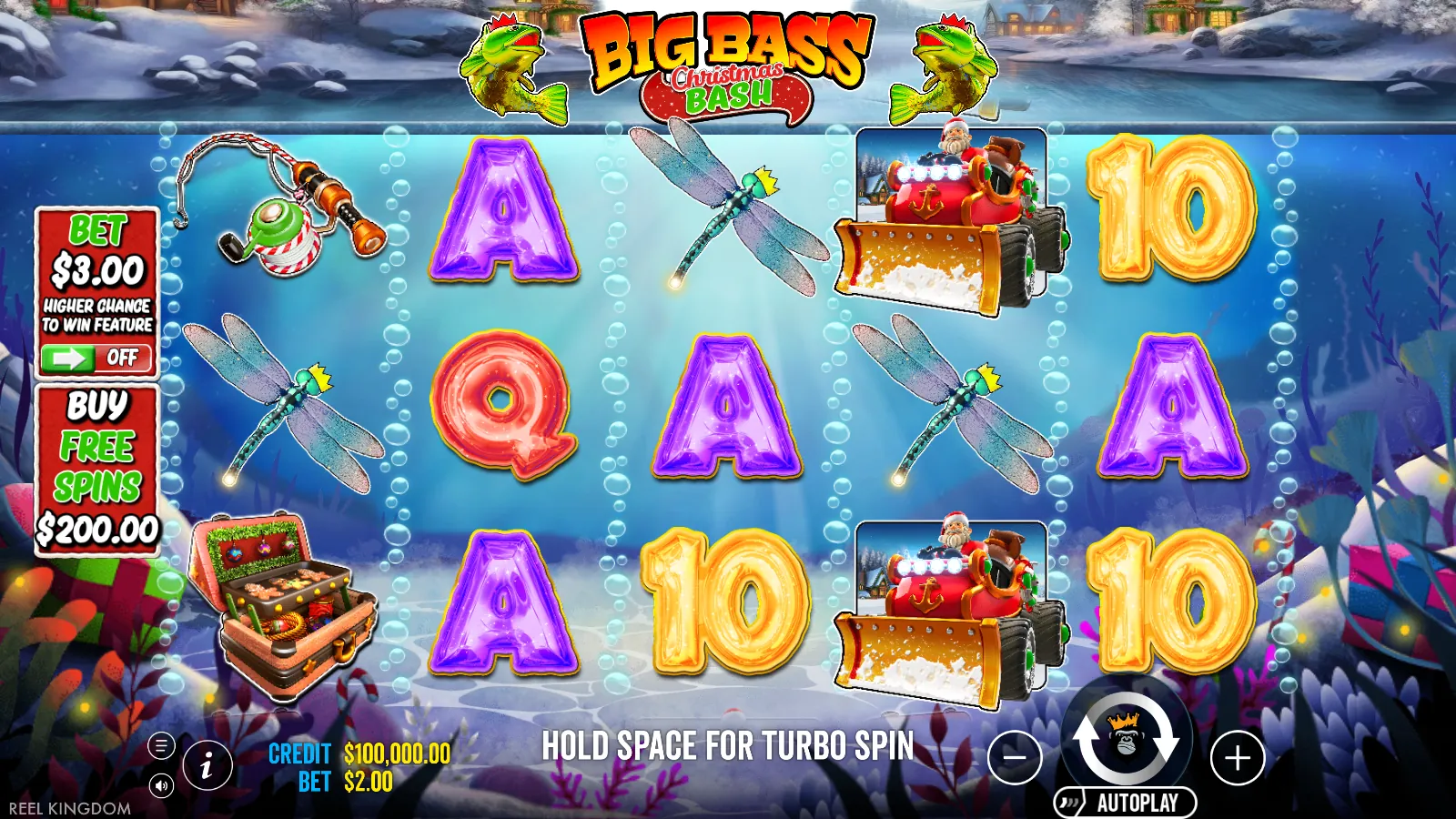 Big Bass Christmas Bash reels in standard play with the Ante Bet plaque off and the Buy Free Spins plaque beside them