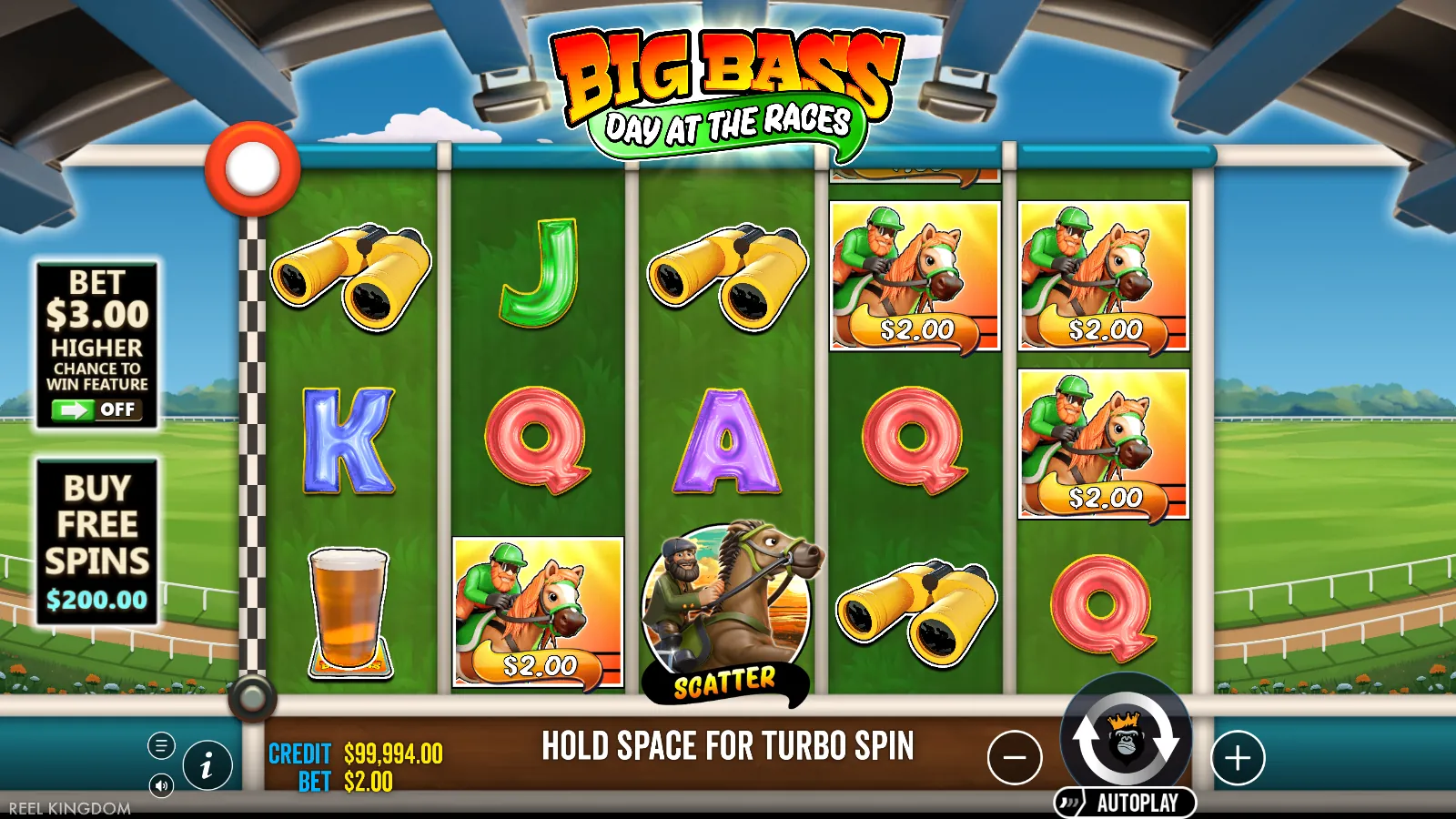 Big Bass Day at the Races base game screen with five money symbols and one scatter
