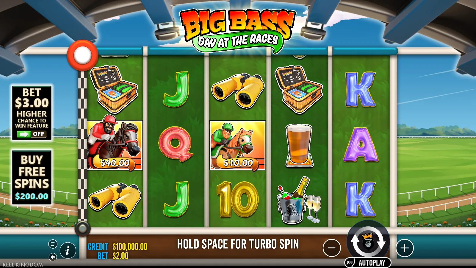 Big Bass Day at the Races reels with two jockey money symbols showing $40 and $10 at the $2 stake