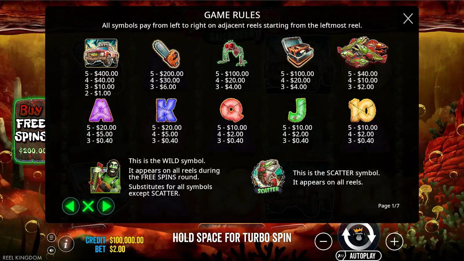 Big Bass Halloween 2 rules screen showing the full symbol paytable in cash values