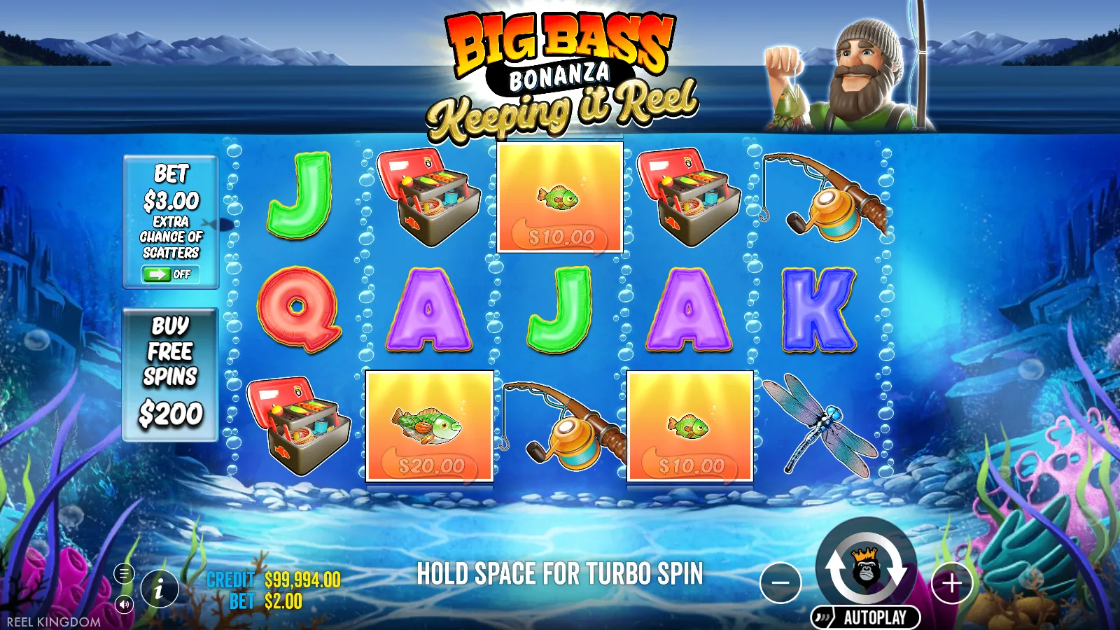 Big Bass Keeping it Reel reels with fish money symbols across reels 2, 3, and 4 and no win on the line