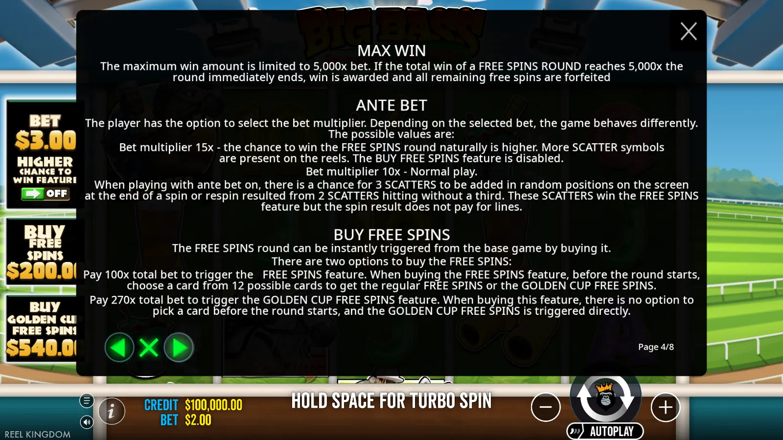 Big Bass Return to the Races buy free spins prices and ante bet rules