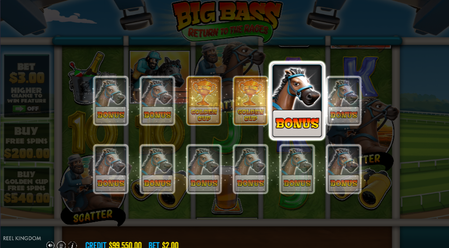 Big Bass Return to the Races card reveal after the pick, the chosen Bonus card highlighted with the other cards flipped to show more Bonus cards and two Golden Cups