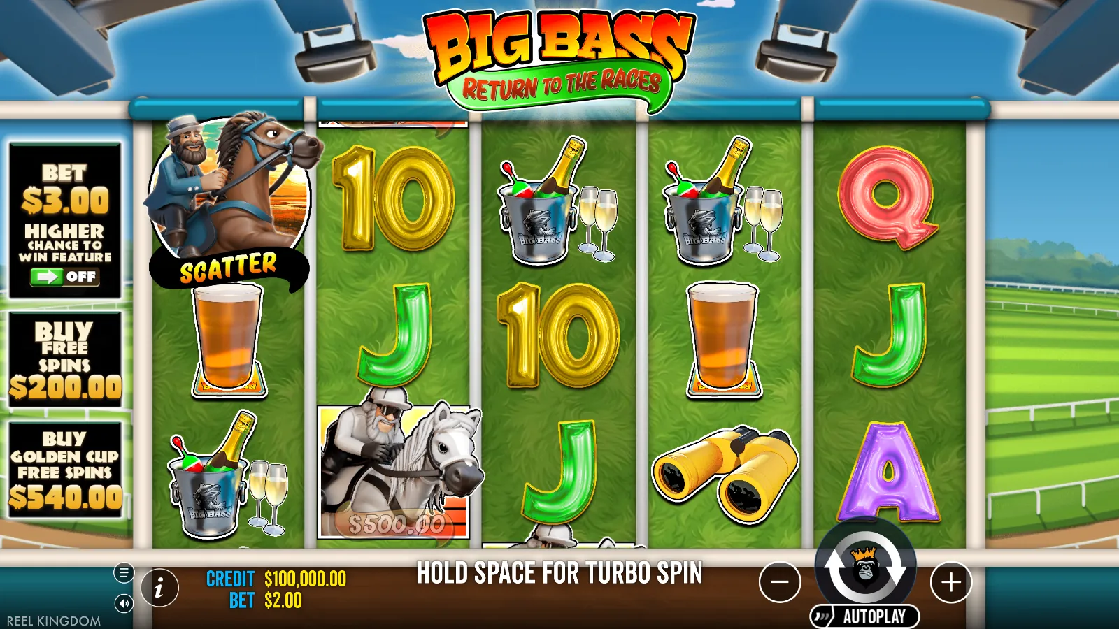 Big Bass Return to the Races reels at a $2.00 bet, with a scatter on reel 1 and a $500.00 money symbol on reel 2