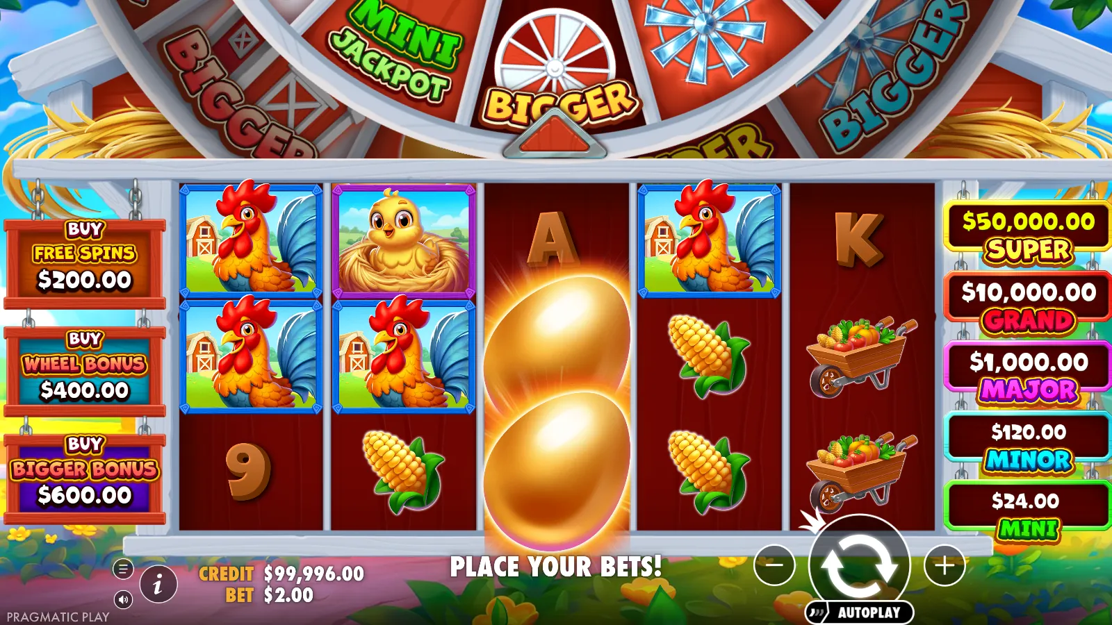 Bigger Barn House Bonanza reels with two glowing golden-egg scatters on the middle reel