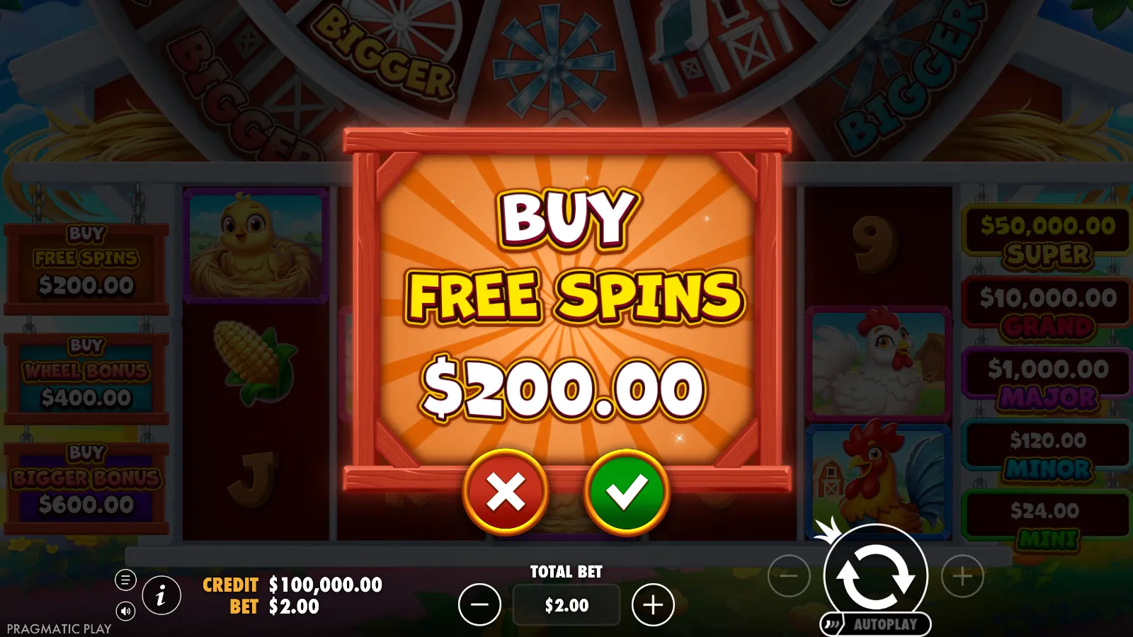 Bigger Barn House Bonanza buy confirmation dialog showing the free spins price