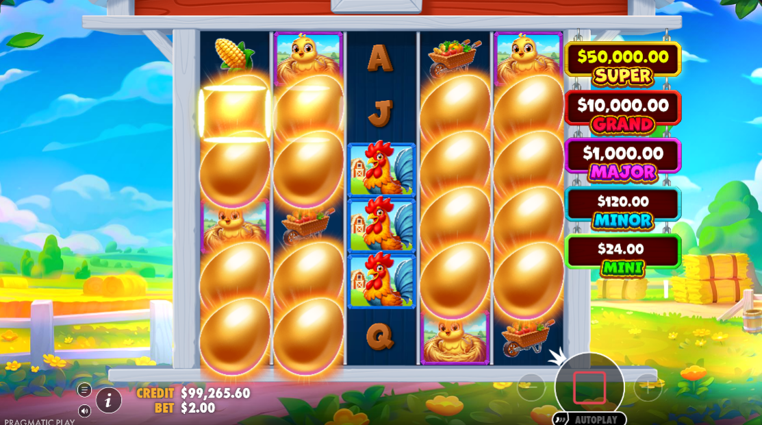 Oversized golden eggs covering reels 1, 2, 4 and 5, the Mega Egg drop that seeds the round with marks before the first spin.