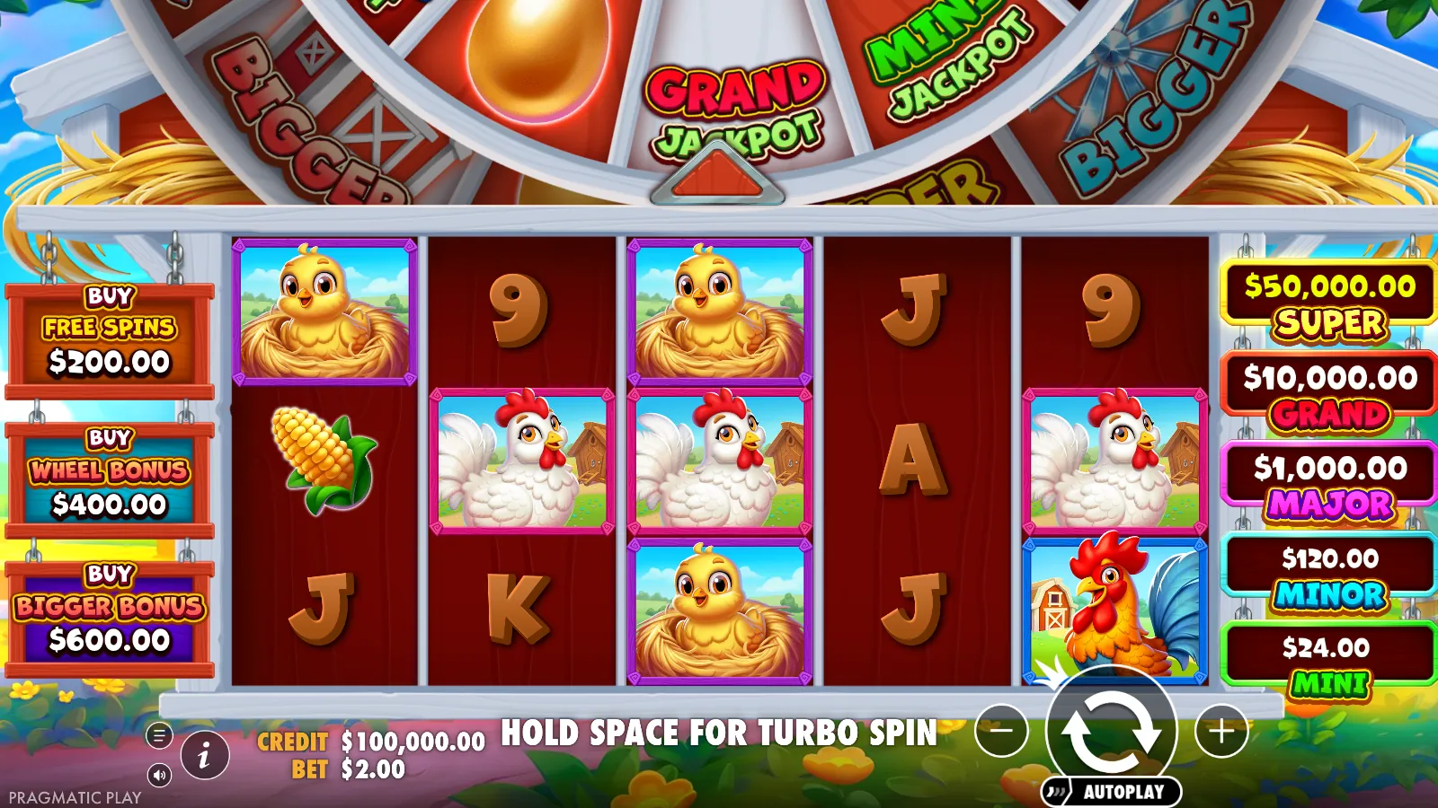 Bigger Barn House Bonanza reels idle with the three buy plaques on the left and the five-tier jackpot ladder on the right