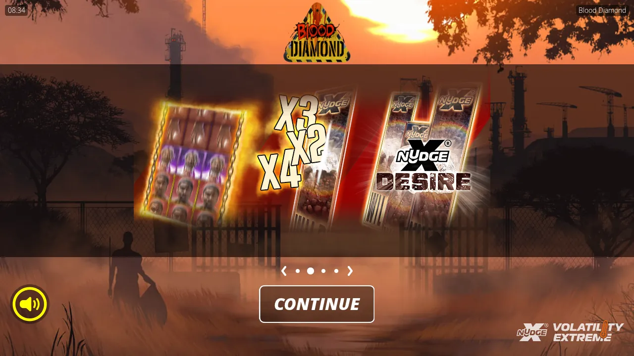 Blood Diamond intro card with Chained Reels, xNudge Wild multipliers and the xNudge Desire logo over a mine at sunset
