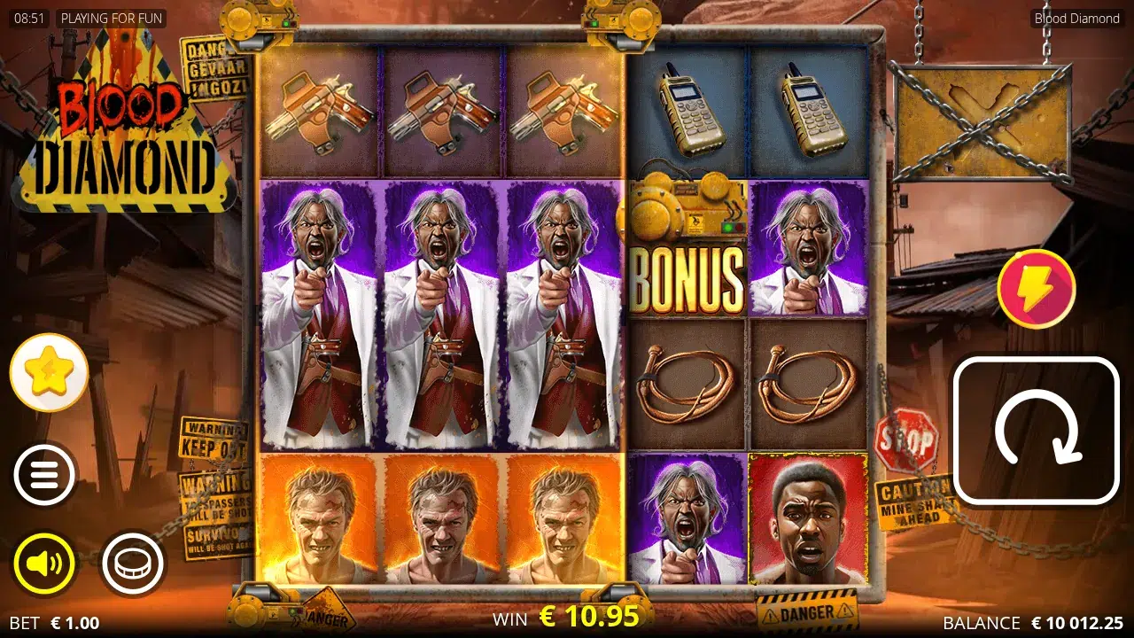 Blood Diamond grid with three chained reels of pistols, a white-suited boss and a blond man, and a Bonus symbol on reel 4