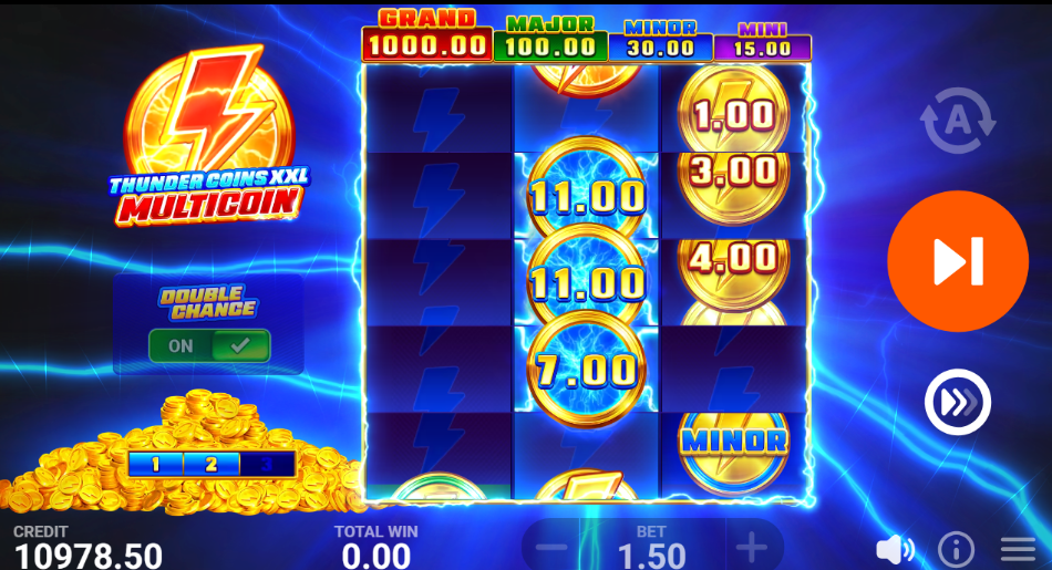 Bonus Game respins with three Thunder Coins reading 11.00, 11.00 and 7.00 and a Minor jackpot coin on the right reel