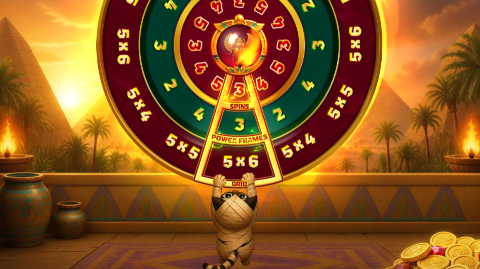 Bonus wheel of three discs reading 3 spins, 3 Power Frames and a 5x6 grid with a mummified cat on the pointer