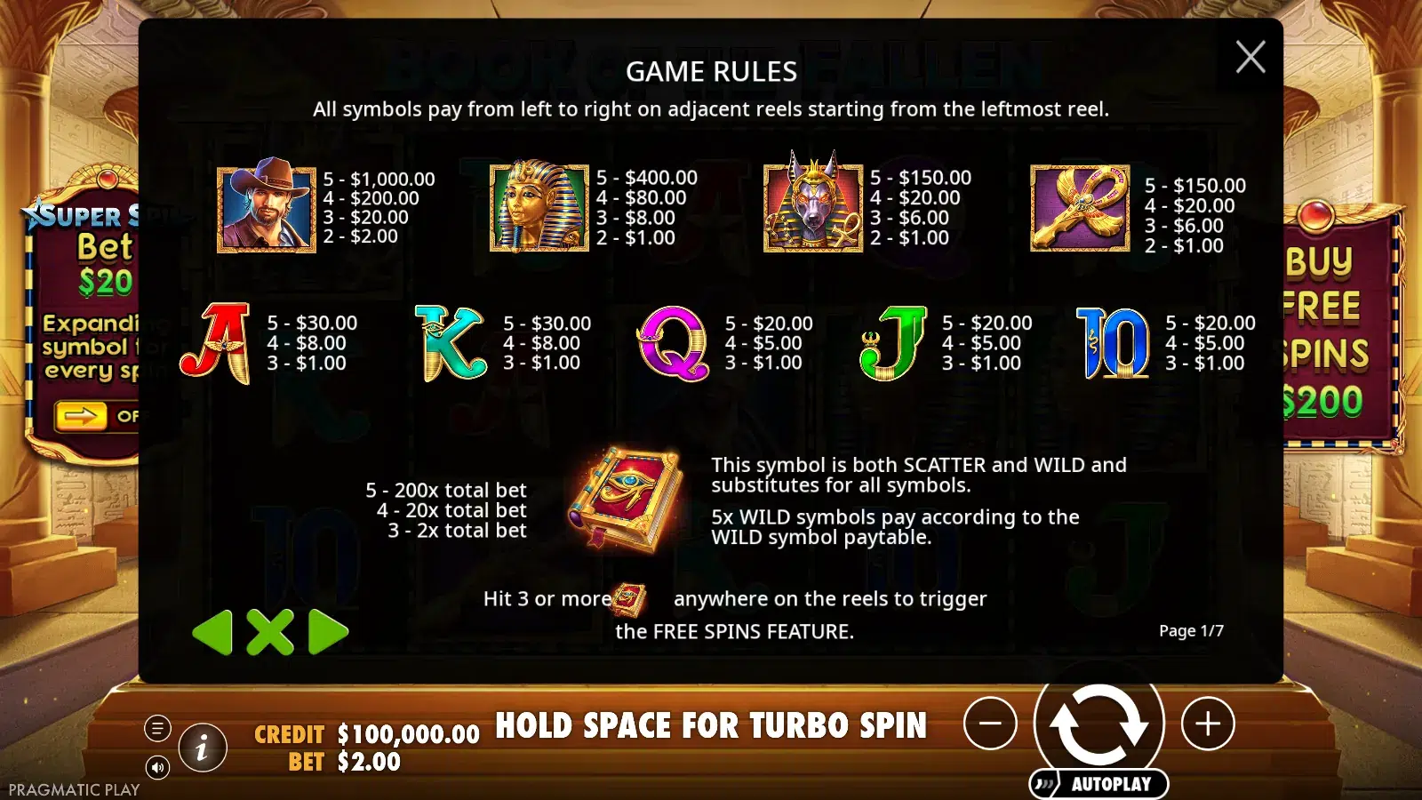 Book of the Fallen paytable screen showing symbol values with the bet at $2.00 and the scatter-wild book
