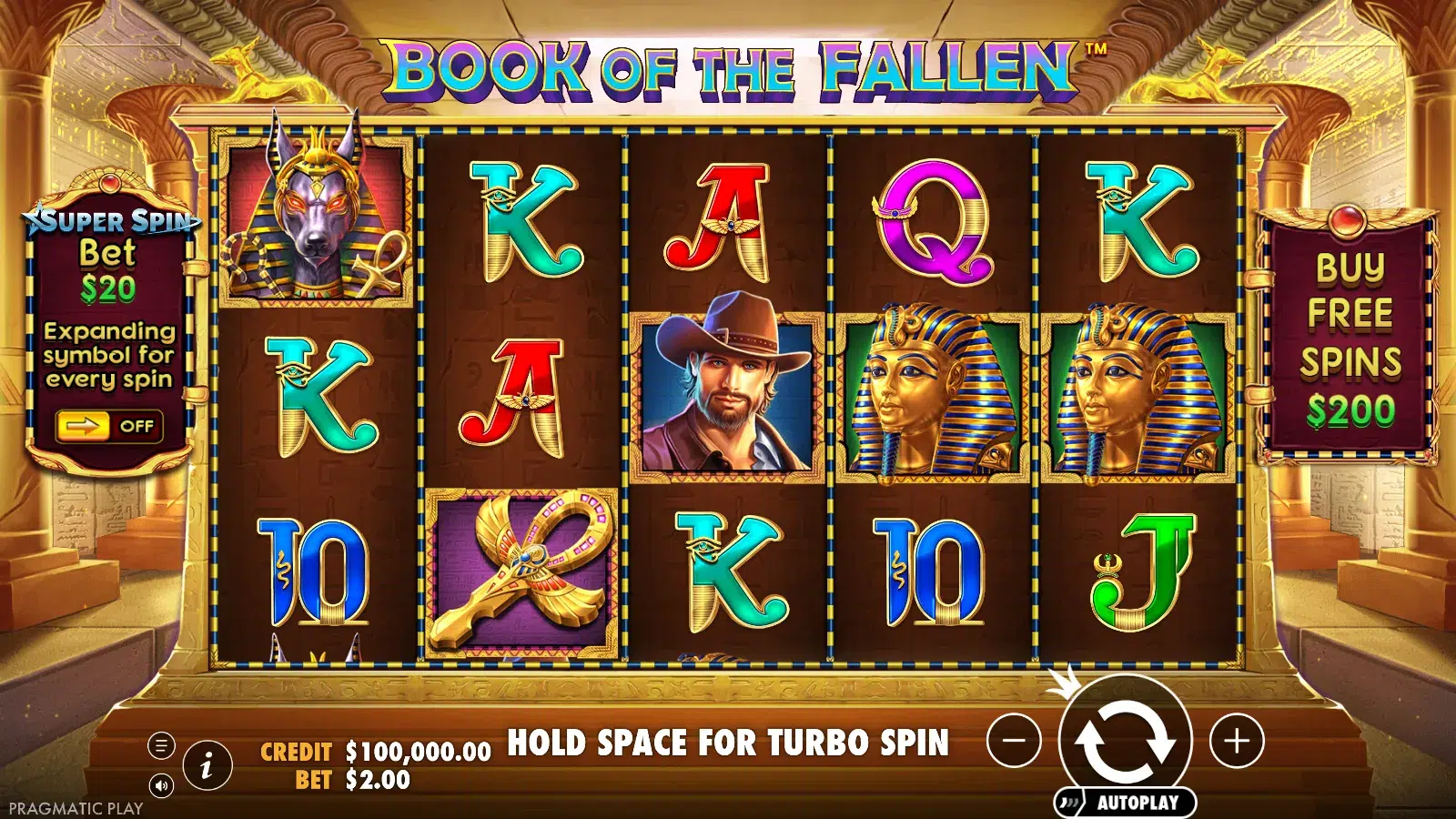 Book of the Fallen reels with $2.00 on the bet label, the Super Spin panel at $20 and the buy panel at $200