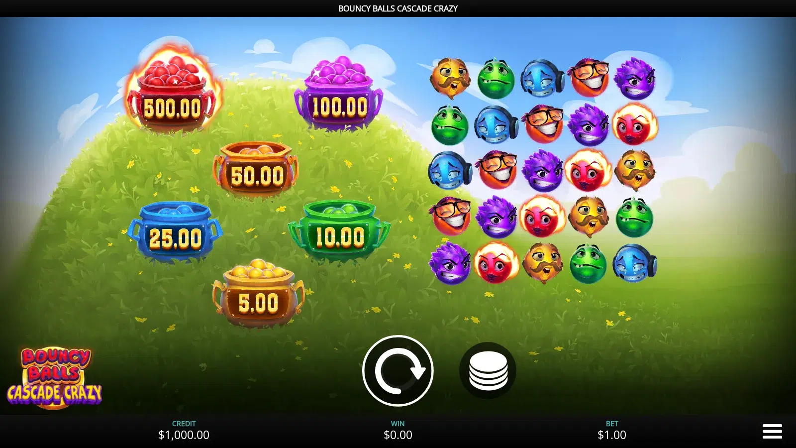 Bouncy Balls Cascade Crazy base grid with six coloured pot prizes on the hill beside it