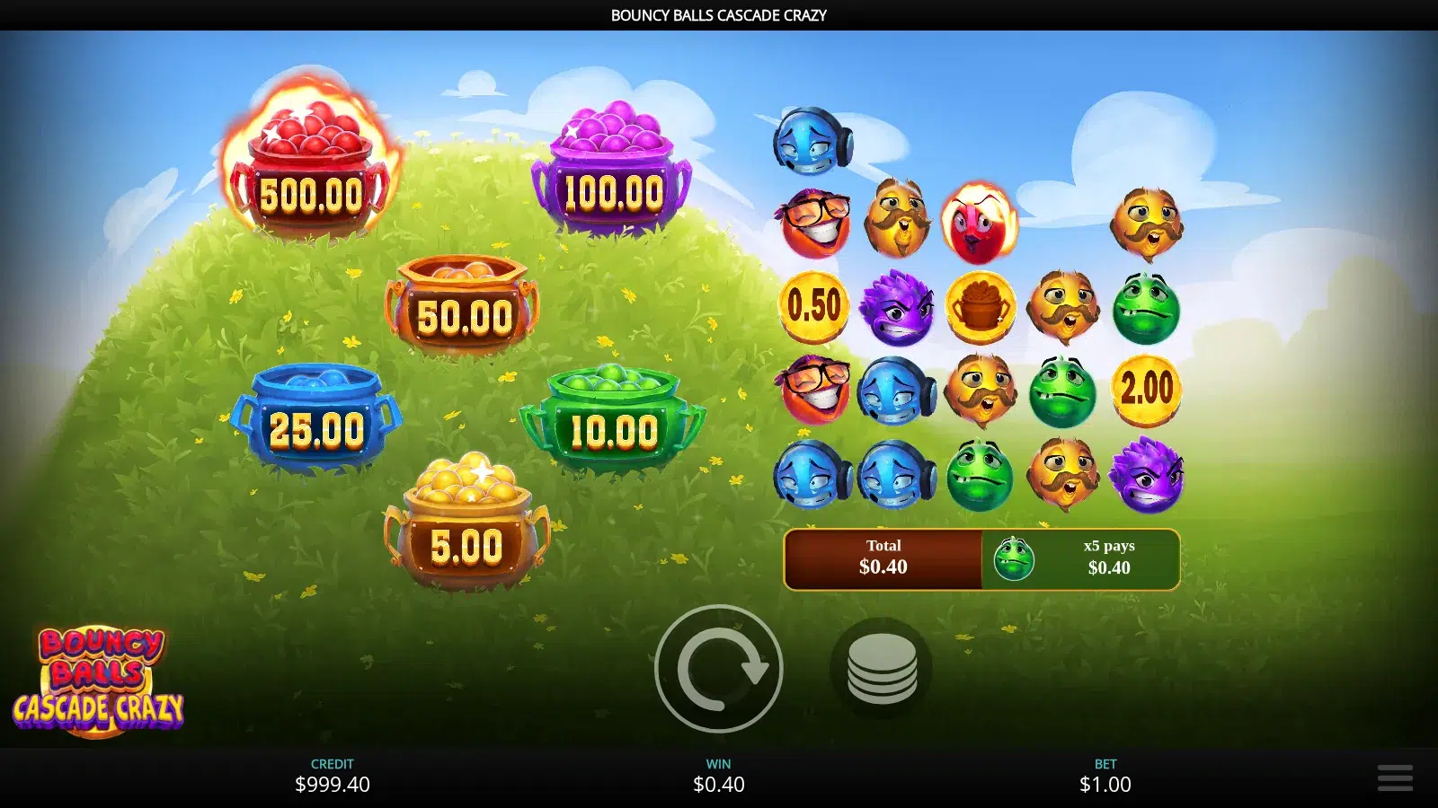 Bouncy Balls Cascade Crazy grid mid-cascade with a green ball cluster paying and coin symbols in view