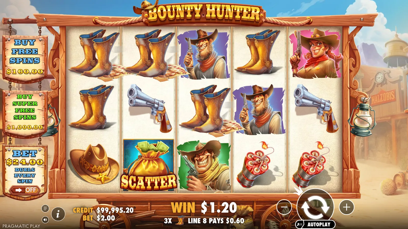 Bounty Hunter spin result paying $1.20 from three boots on line 8 with one scatter on reel 2