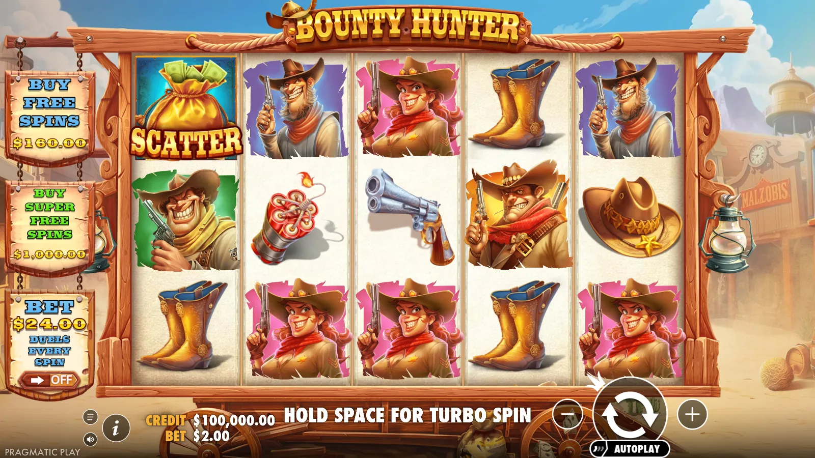 Bounty Hunter reels with a scatter on reel 1, the two buy signs and the Duels Every Spin toggle off