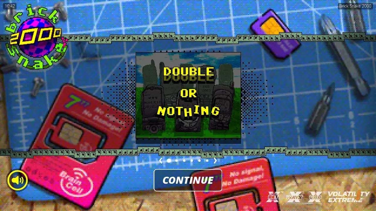 Brick Snake 2000 splash screen with the Double or Nothing card and old phones as gravestones