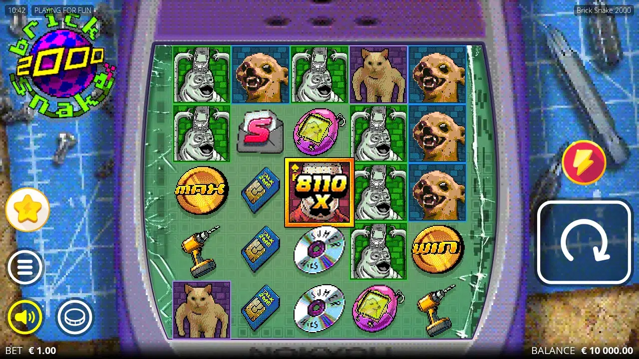Brick Snake 2000 board with MAX and WIN coins one row apart and an 8110 X K-man tile