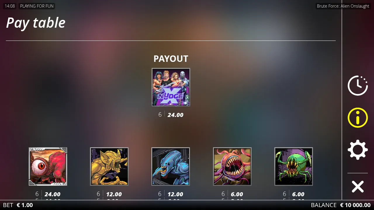 Brute Force: Alien Onslaught pay table showing the xNudge Wild card above the five alien symbols