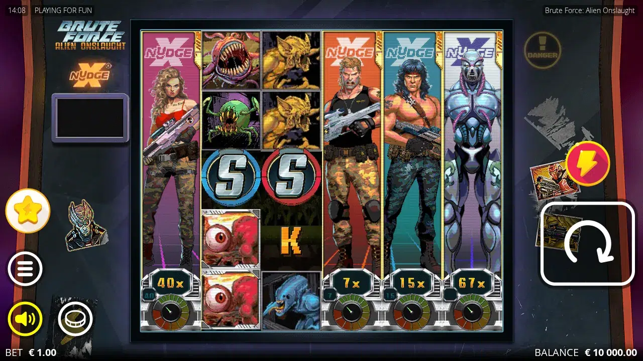Brute Force: Alien Onslaught reels with four xNudge Wilds in view and their multiplier meters showing